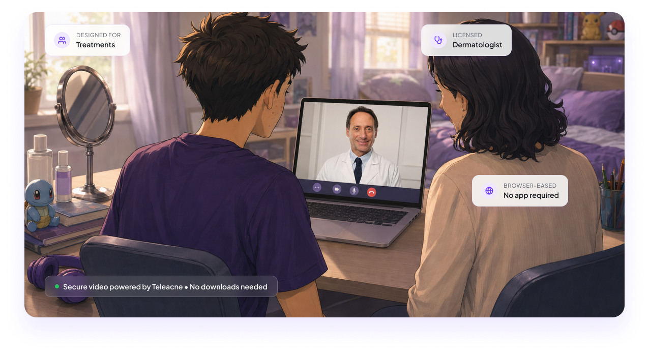A patient and parent joining a secure TeleAcne video consultation